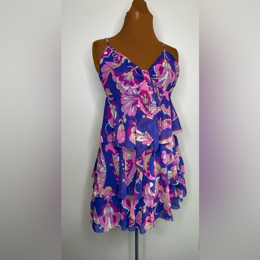 Juicy Couture Purple and Pink Floral Mini Dress Tiered Size 2